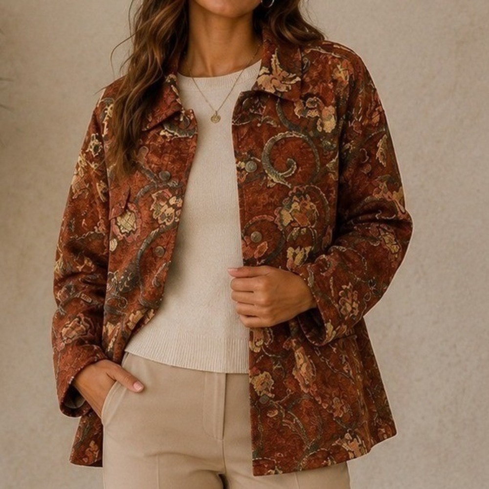 Susan Graver Style Womens 1X Tapestry Floral Jacquard Button Front Jacket Rust